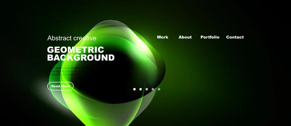 Dark background features vibrant green geometric shapes. Website header inc.. Stock Illustration