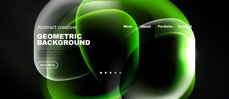 Dark background features vibrant green abstract shapes. Website header includ Stock Illustration