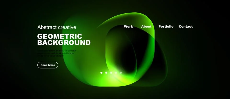 Dark background features vibrant green abstract shapes. Website header includ Stock Illustration