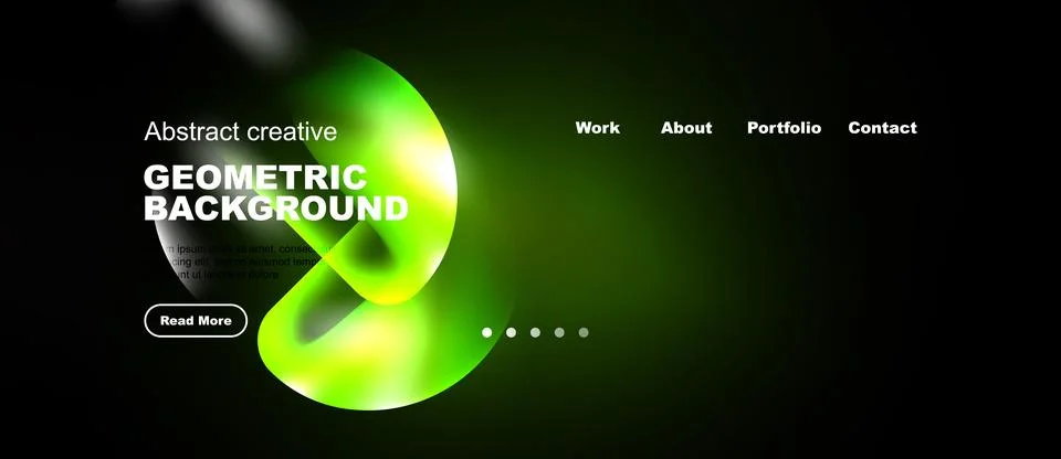Dark background features vibrant green geometric shapes. Website header inc.. Stock Illustration