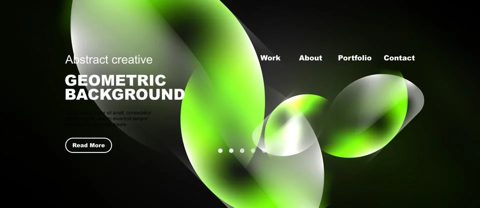 Dark background features vibrant green, yellow shapes. Website navigation Stock Illustration