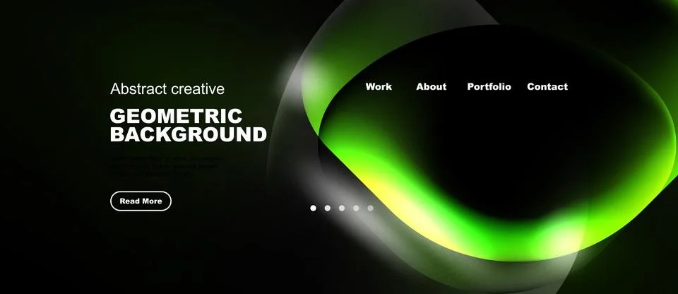 Dark background features vibrant green abstract shapes. White text displays Stock Illustration