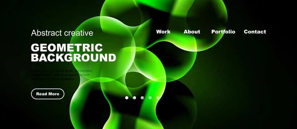Dark background features vibrant green abstract shapes. Text elements include Stock Illustration