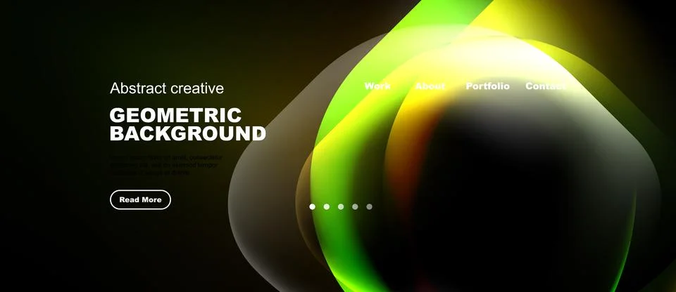 Dark background features vibrant green, yellow shapes. Website header include Stock Illustration