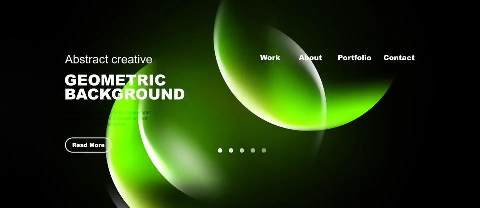 Dark background features vibrant green geometric shapes. Website navigation Illustrazione stock