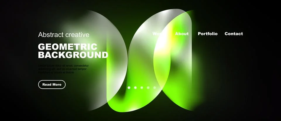 Dark background features vibrant green geometric shapes, website navigation Stock Illustration