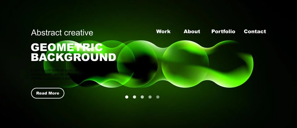 Dark background features vibrant green geometric shapes. Website header inc.. Stock Illustration