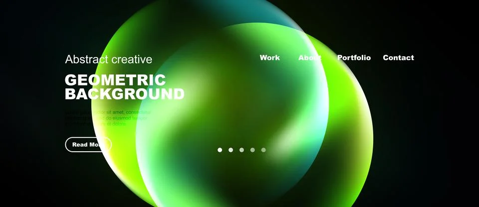Dark background features vibrant green, yellow shapes. Website header include Stockillustratie