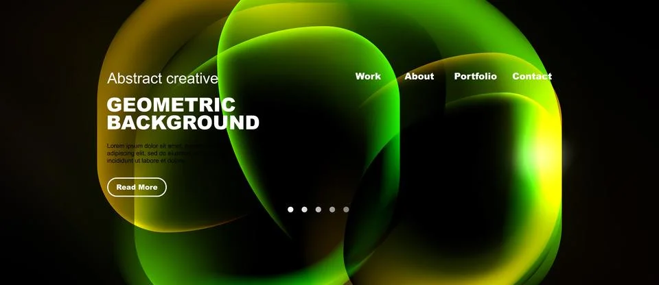 Dark background features vibrant green, yellow shapes. Text overlays promote Stockillustratie