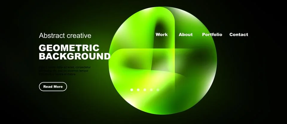 Dark background features vibrant green abstract shapes, text elements, Stock Illustration
