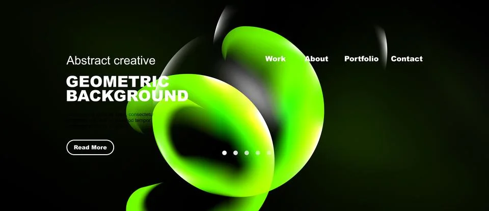 Dark background features vibrant green shapes, text elements, navigation menu Stock Illustration