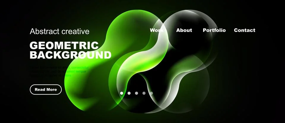 Dark background features vibrant green, gray shapes. Website header includes Stock Illustration
