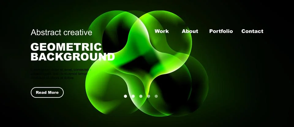 Dark background features vibrant green abstract shapes. Website header includ Stock Illustration
