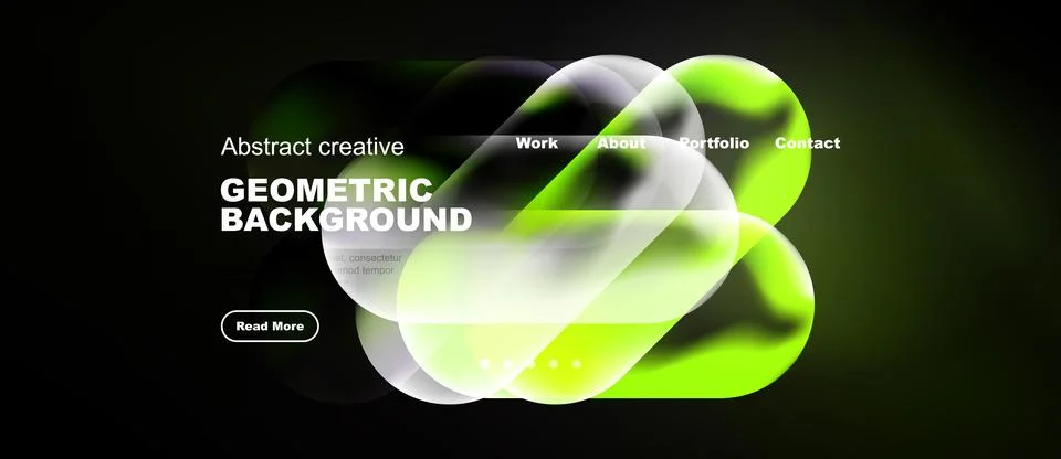 Dark background features vibrant green, white shapes. Text promotes geometric Stock Illustration