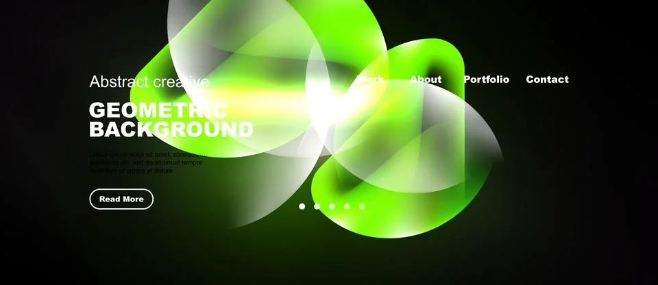 Dark background features vibrant green, white shapes. Website header includes Stock Illustration