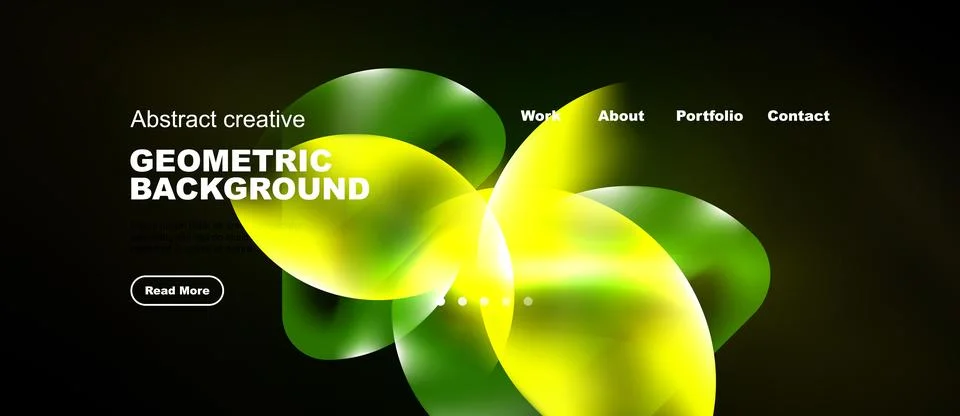 Dark background features vibrant green, yellow shapes. Website navigation Illustrazione stock