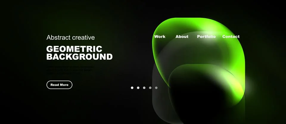 Dark background features vibrant green shapes, text elements, navigation menu Ilustración de archivo