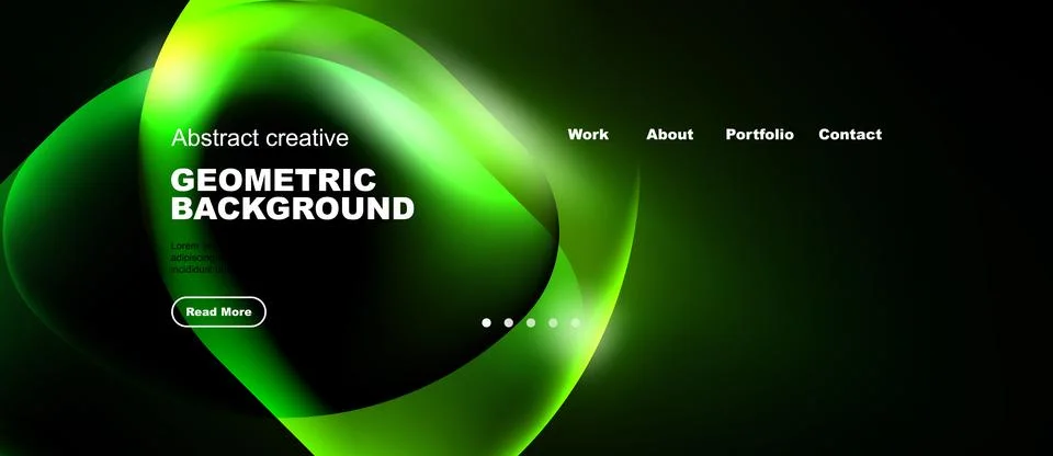 Dark background features vibrant green neon shapes. Website navigation includ Illustrazione stock