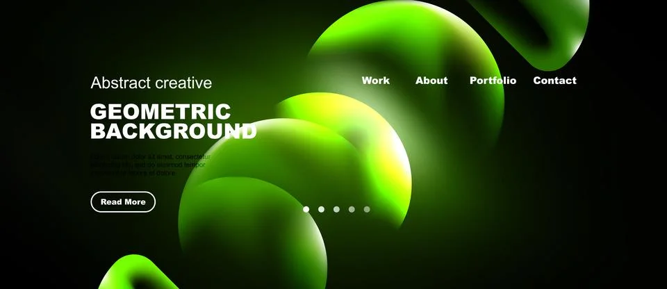Dark background features vibrant green, blue shapes. Website header includes Stock Illustration