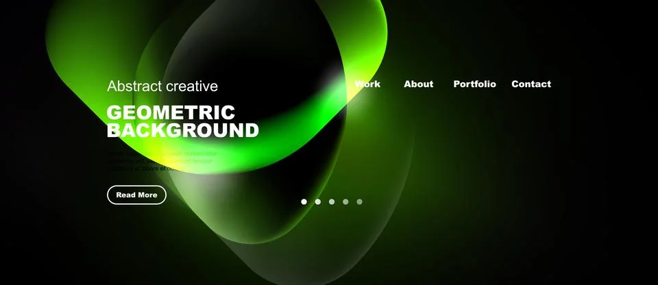 Dark background features vibrant green abstract shapes. Website header includ Illustrazione stock