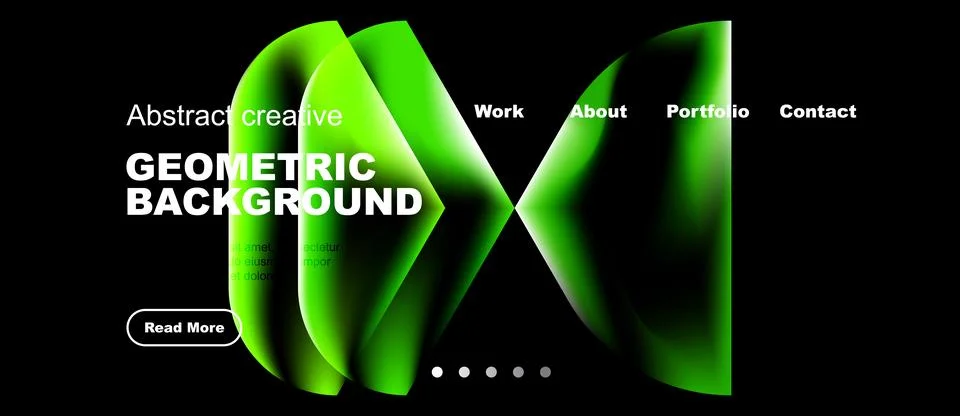 Dark background features vibrant green geometric shapes. White text highlight Stock Illustration