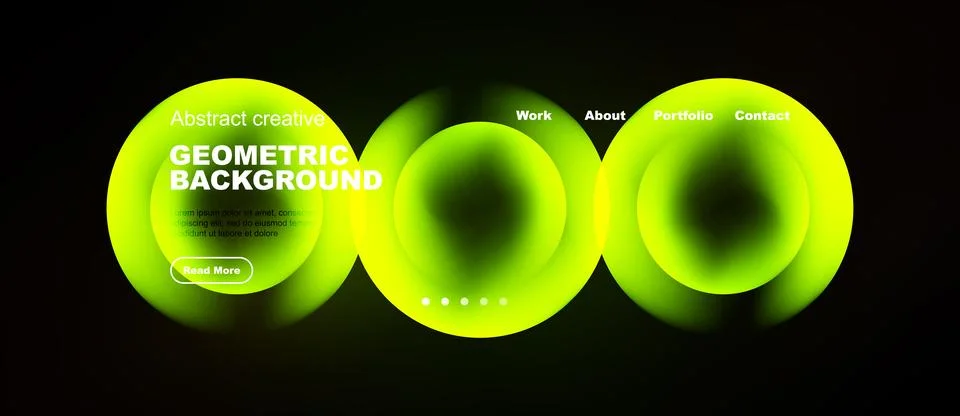 Dark background features vibrant green geometric shapes, text, navigation men Stock Illustration