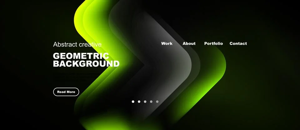 Dark background features vibrant green geometric shapes, text elements, Ilustración de archivo