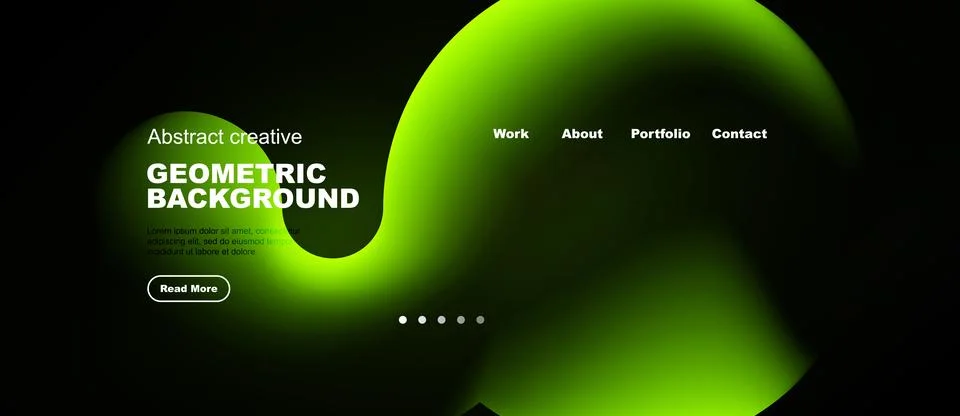 Dark background features vibrant green abstract shape. White text displays Stock Illustration