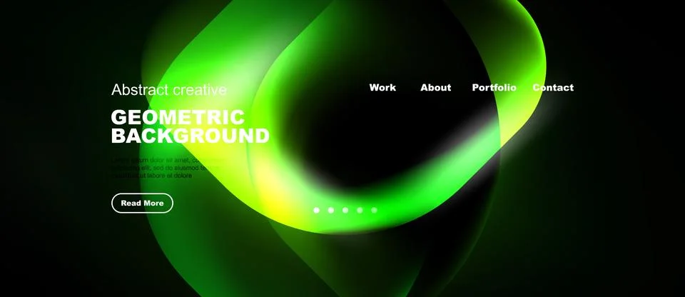 Dark background features vibrant green abstract shapes. Website header includ Ilustração Stock