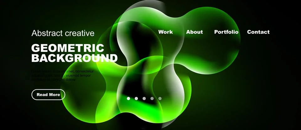 Dark background features vibrant green abstract shapes. Text elements include Stockillustratie