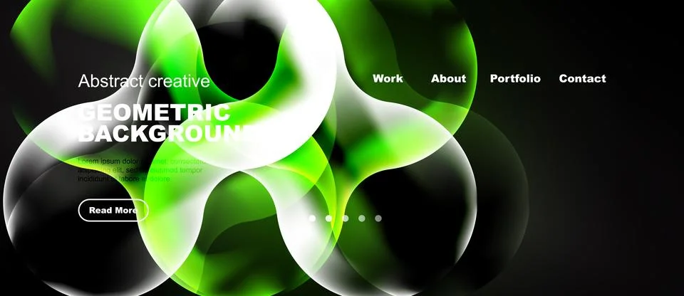 Dark background features vibrant green, white shapes. Text includes geometric Stock Illustration