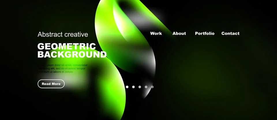 Dark background features vibrant green geometric shapes, text elements, Иллюстрация
