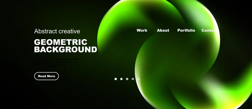 Dark background features vibrant green fluid shapes, text elements, navigatio Иллюстрация