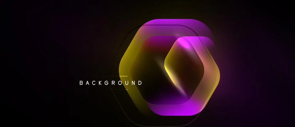 Dark background features vibrant hexagon shape. Gradient colors blend purple, Stockillustratie
