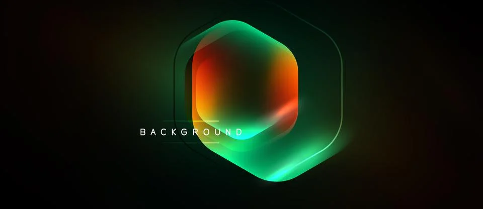 Dark background features vibrant hexagon shape. Gradient colors blend orange, Illustrazione stock