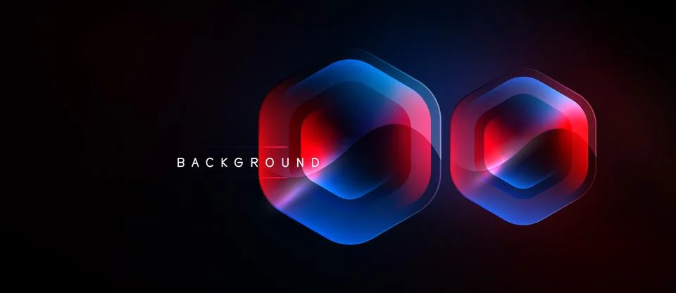Dark background features vibrant hexagon shapes. Blue, red neon glows create Stockillustratie