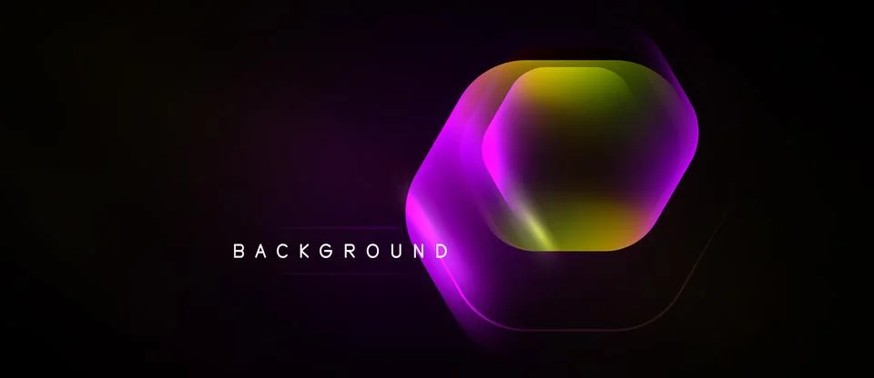 Dark background features vibrant hexagon shape. Gradient colors blend purple, Stockillustratie