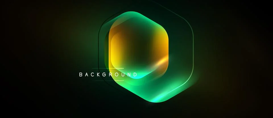 Dark background features vibrant hexagon shape. Gradient colors blend from .. 스톡 일러스트