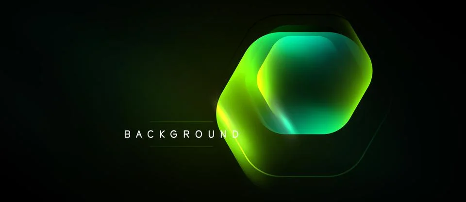 Dark background features vibrant hexagon shape. Gradient colors blend, creati Illustrazione stock