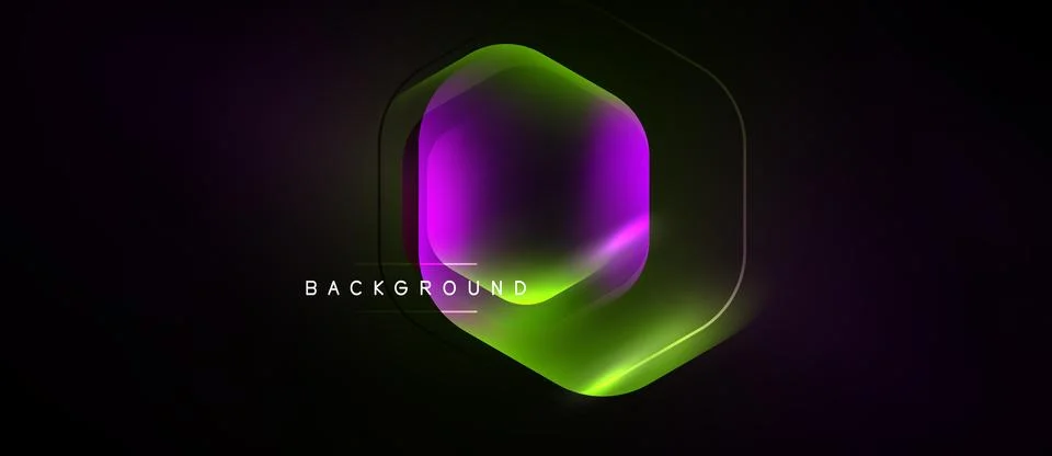 Dark background features vibrant hexagon shape. Gradient colors blend purple, イラスト素材