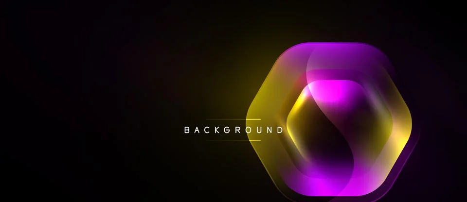Dark background features vibrant hexagon. Layers create glowing effect, moder 스톡 일러스트