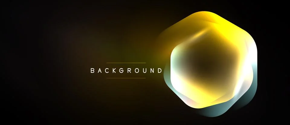 Dark background features vibrant hexagon shape. Golden, teal layers create Stock Illustration