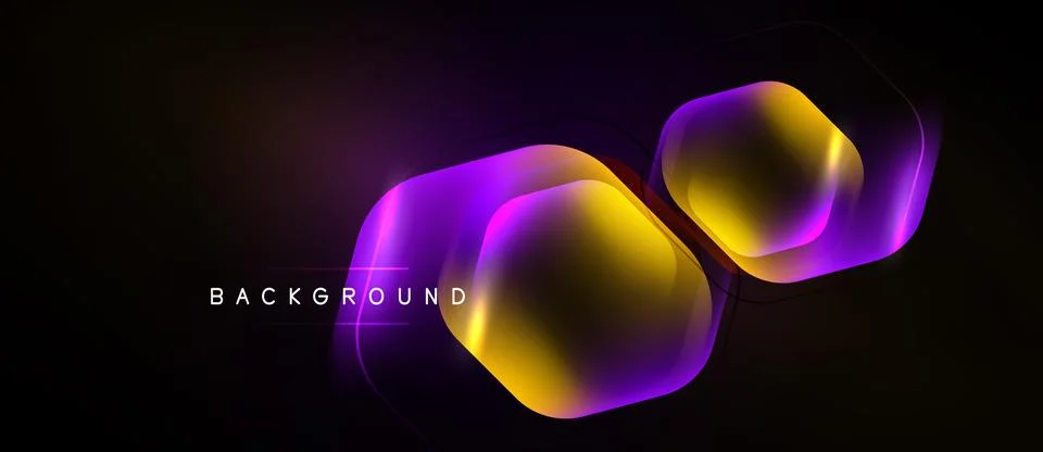 Dark background features vibrant hexagonal shapes. Gradient colors blend pu.. Stockillustratie