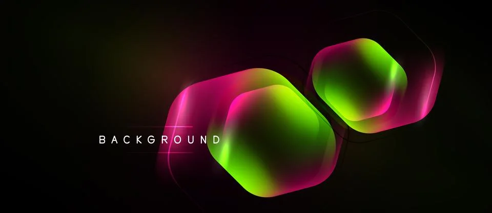 Dark background features vibrant hexagonal shapes. Colors blend from pink, .. Stockillustratie