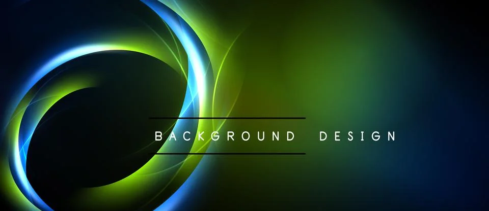 Dark background features vibrant neon swirls, green, blue hues. Text reads Stock Illustration