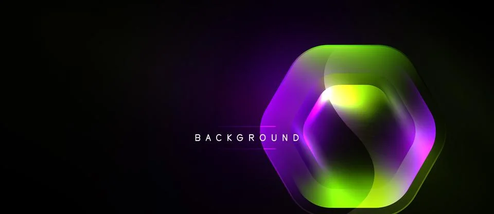 Dark background features vibrant neon hexagon shapes. Layers create glowing Stock Illustration