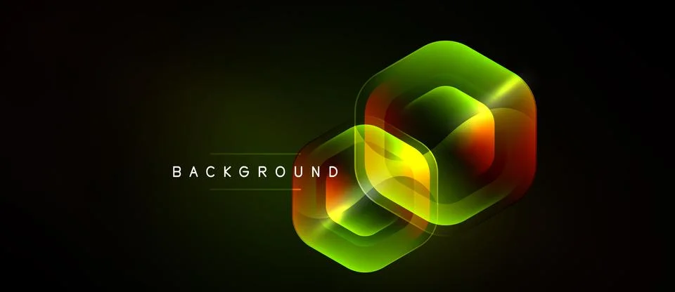 Dark background features vibrant neon hexagons. Overlapping shapes create イラスト素材