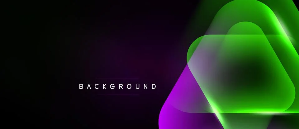 Dark background features vibrant neon shapes. Gradient transitions from purpl Illustrazione stock