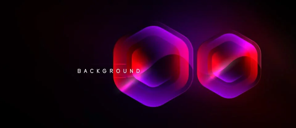 Dark background features vibrant neon hexagons. Layers create depth, glowing Illustrazione stock