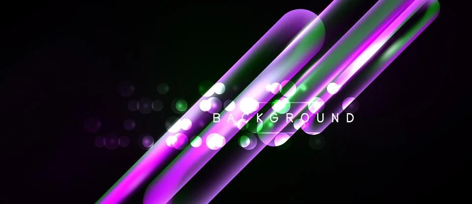 Dark background features vibrant neon lines, glowing circles. Modern abstract Illustrazione stock